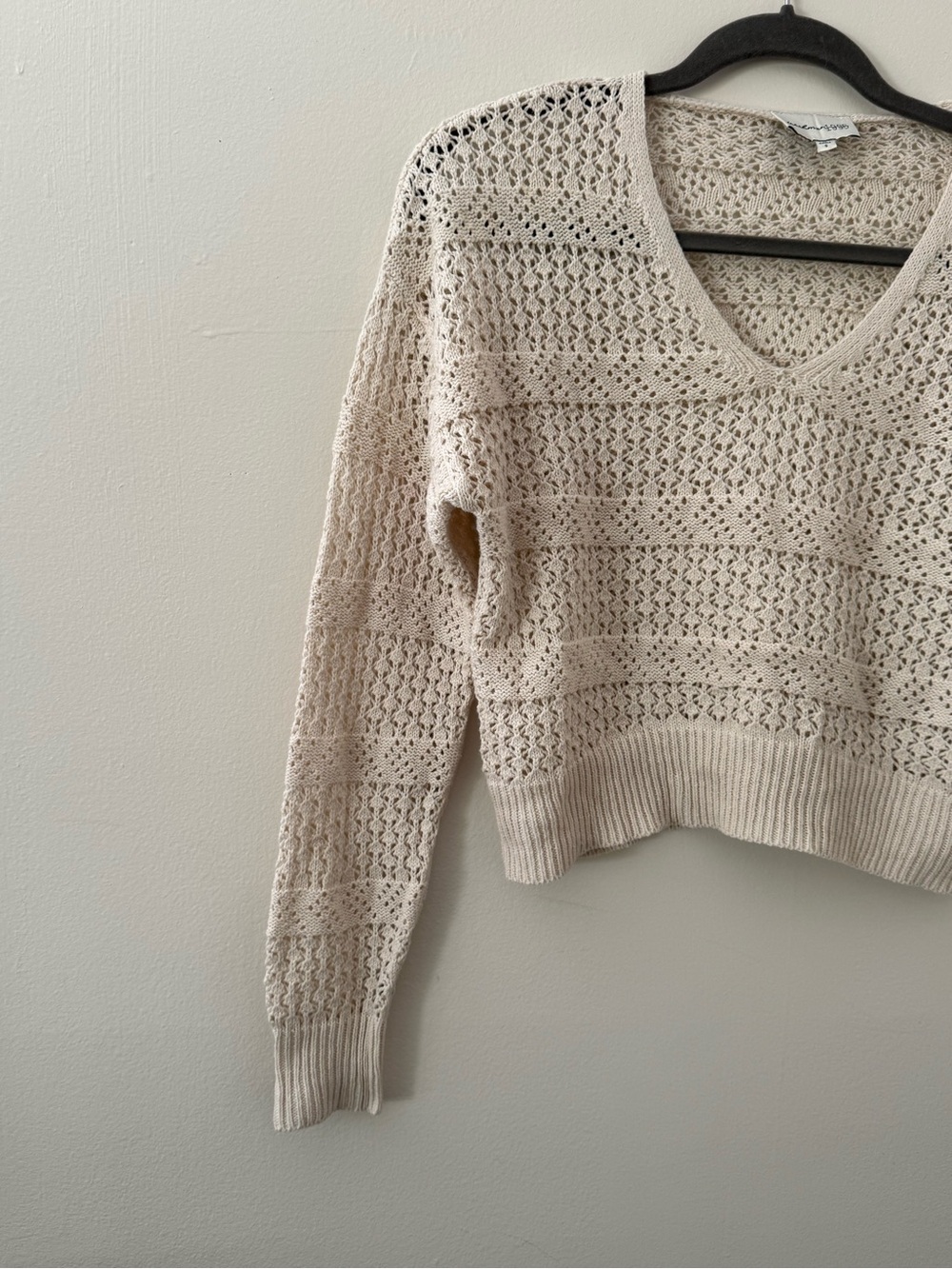Boho Coastal Cream Ivory Open-Knit V-Neck Summer Sweater Beach Coverup Sz Sm - Picture 5 of 13